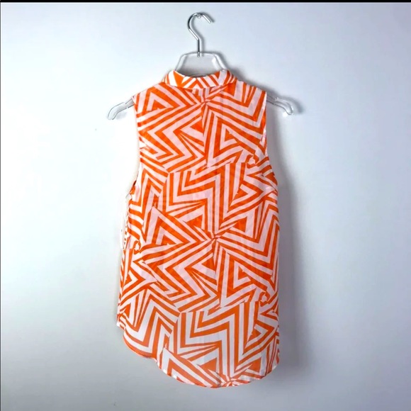 Sheer Orange And White Sleeveless Geometric Print Button-Up Top - Picture 5 of 5